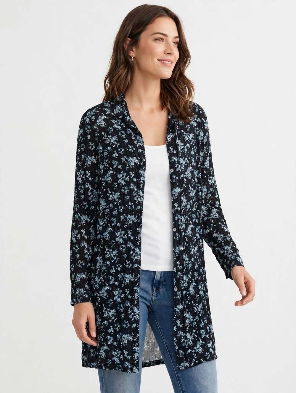 J.Jill Floral Shirt Dress Size S Tall Black Blue Long Sleeve Button-Down